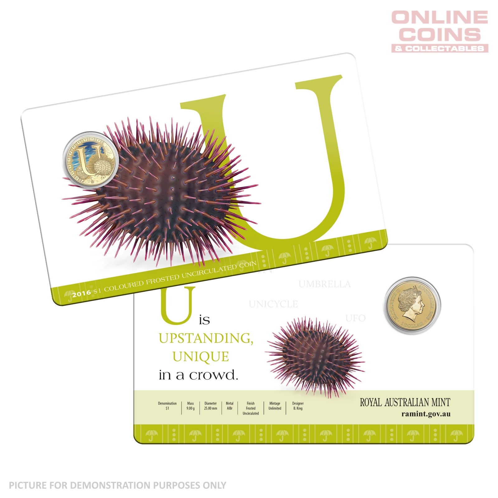2016 $1 Coloured Alphabet Frosted Coin In Card - U for Urchin